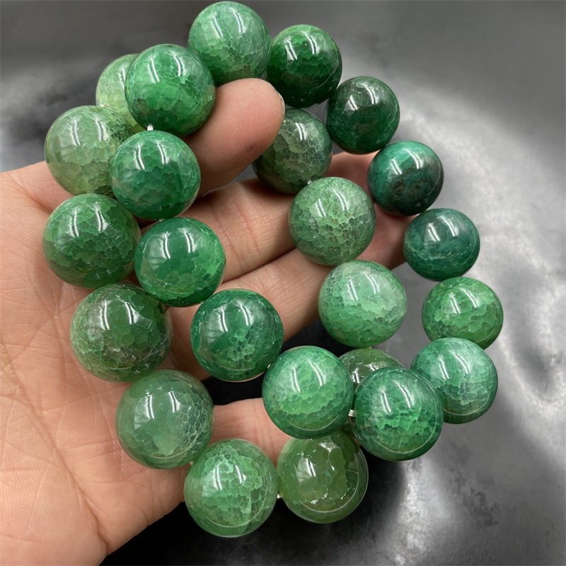 四海玉器 20毫米大号绿色龙纹玛瑙圆珠手链 男女款龙鳞玛瑙手串