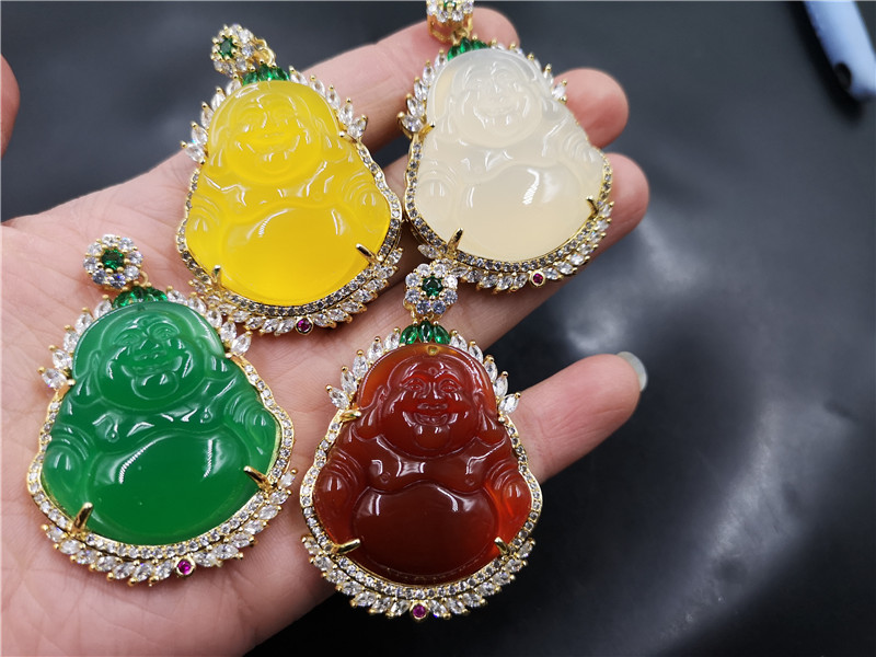 四海玉器 亮金镶嵌绿玉髓大肚佛吊坠 女款大号黄玛瑙弥勒佛