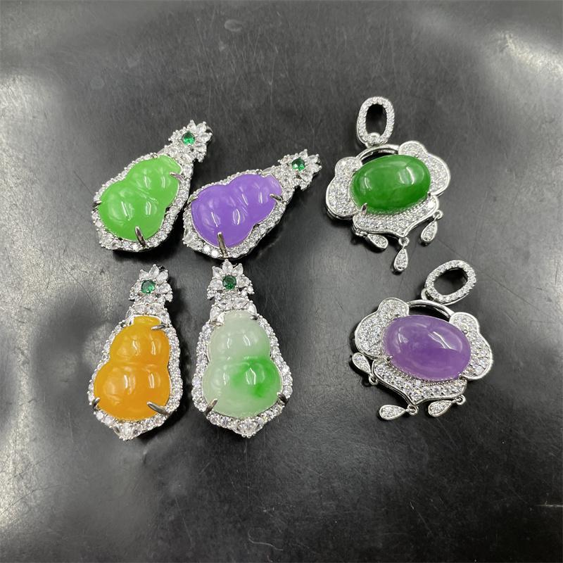 四海玉器 镶嵌白底青翠玉葫芦吊坠 紫罗兰玉葫芦挂件 如意锁玉坠