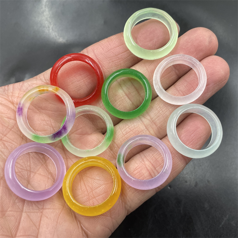 冰种紫绿色玉戒指 男女款中号玉戒圈 指环跑环 白玉戒指 紫色黄玉