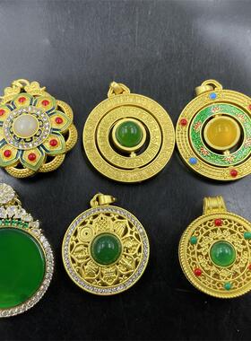 镶嵌玉髓玛瑙八角莲花吊坠 绿色圆形护心镜挂件 转运珠玉坠 挂件