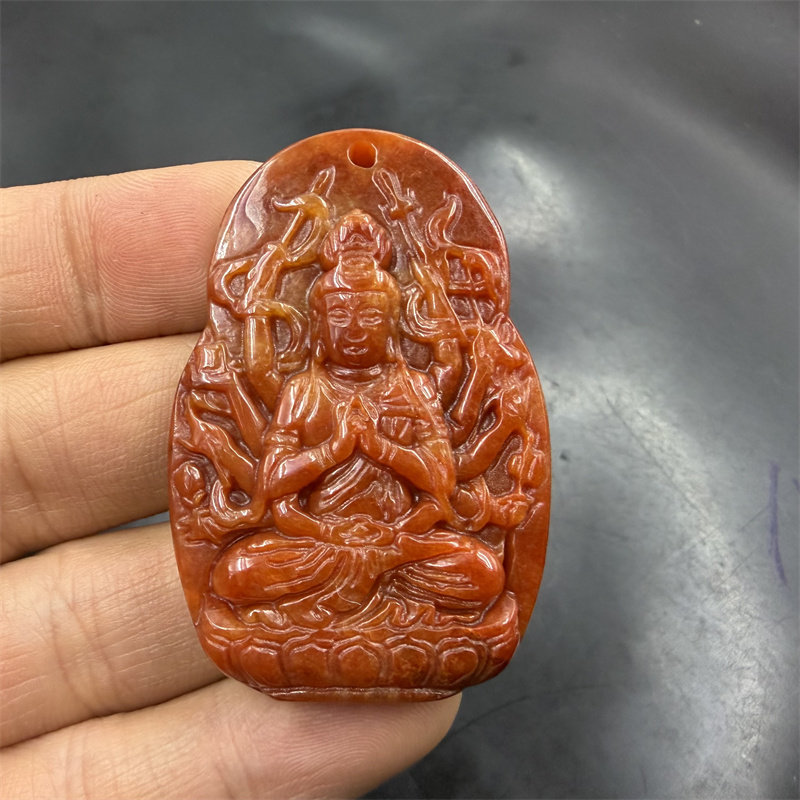 四海玉器 新款红翡翠玉千手观音吊坠 红色玉观音挂件 玉坠