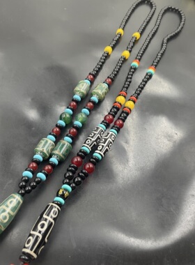 藏式复古做旧黑白九眼天珠玛瑙毛衣链 绿色天珠老玛瑙项链