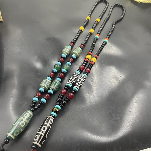 藏式复古做旧黑白九眼天珠玛瑙毛衣链 绿色天珠老玛瑙项链