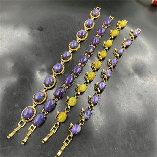 四海玉器 真空电镀镶嵌紫色舒俱来手链 女款黄玉石手串 蛋形手链