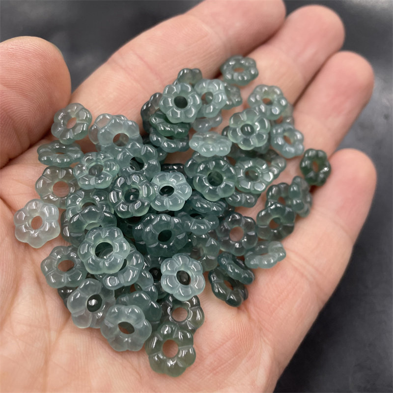 四海玉器 冰种蓝水翠玉圆形花朵散珠 翡翠A货有钱花配饰配件散批
