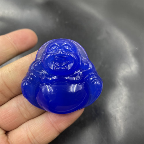 四海玉器 天然正品精工蓝玉髓弥勒佛吊坠 蓝色玛瑙大肚佛挂件玉坠