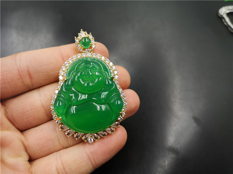 亮金镶嵌绿玉髓大肚佛吊坠 女款翠绿色玛瑙弥勒佛 红玛瑙佛挂件
