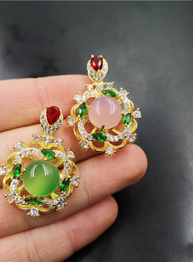 四海玉器925银镶嵌粉玉髓绿色