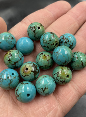 四海玉器 复古做旧优化绿松石圆珠散珠 散批 大号松石珠子