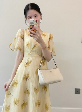 MINIKAT2025夏新 气质温柔黄色高腰碎花连衣裙小个子