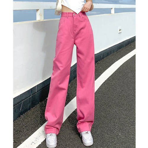 新款牛仔裤女土阔腿裤休闲宽松直筒时尚纯棉玫红色个性显瘦jeans