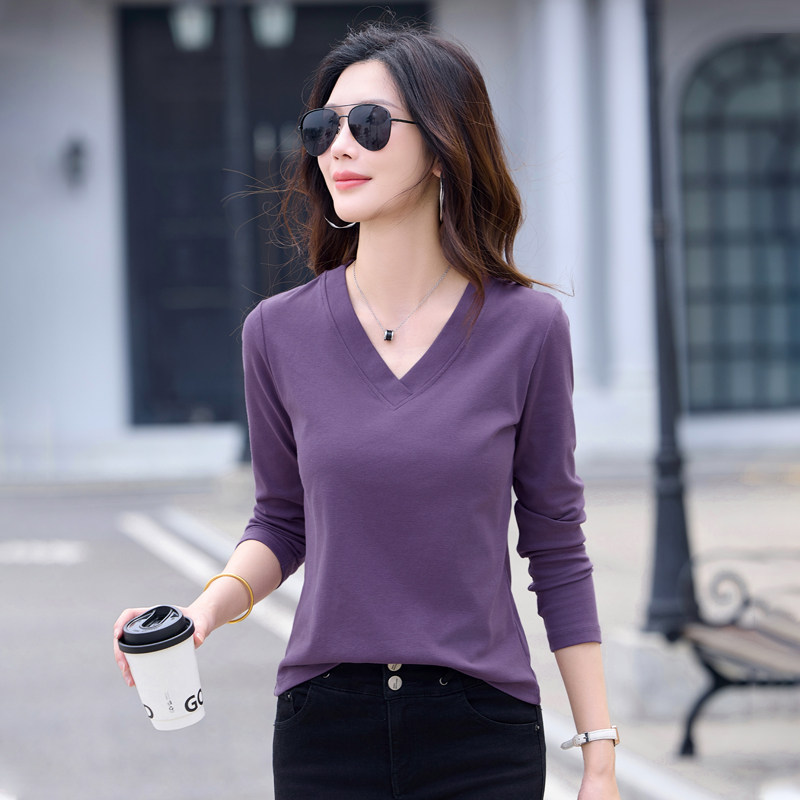 2026春秋新款紫色交叉v领长袖t恤女修身内搭打底衫纯色减龄显瘦潮