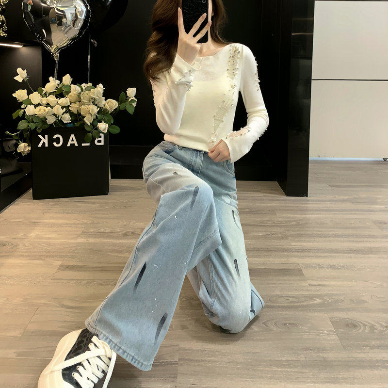 米白重工针织毛打底衫2025春秋新款时尚百搭休闲牛仔裤两件套减龄