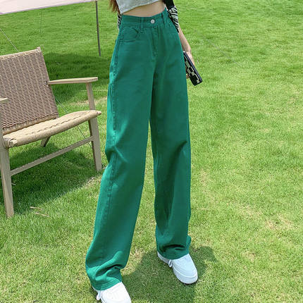 春秋新款墨绿色阔腿牛仔裤女土个性直筒拖地裤休闲潮流显瘦jeans