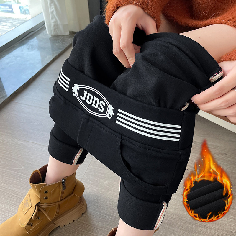 黑色紧身高腰加绒小脚裤女秋冬季新款修身显瘦大码铅笔裤保暖胖mm