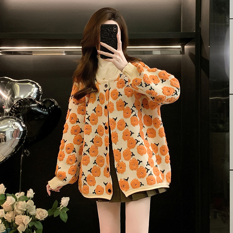 秋冬季新款加植绒减龄宽松花朵毛衣休闲百搭针织开衫外套女上衣潮