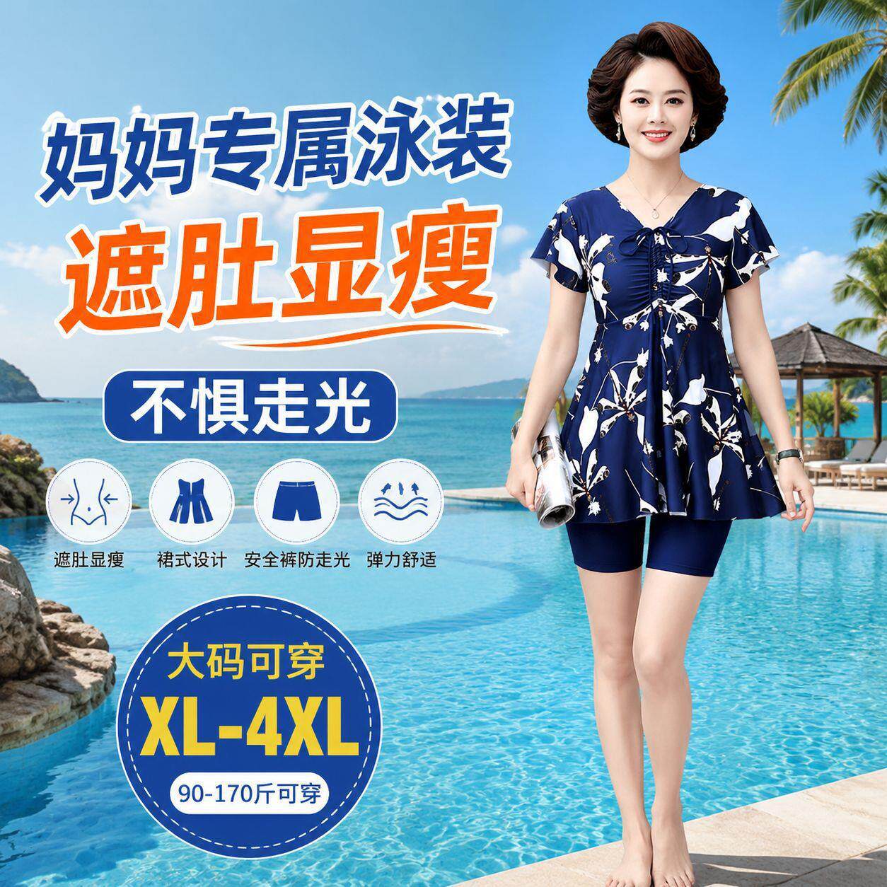 泡温泉中年妈妈泳衣女分体平角裤裙式保守加肥大码宽松中老年泳装