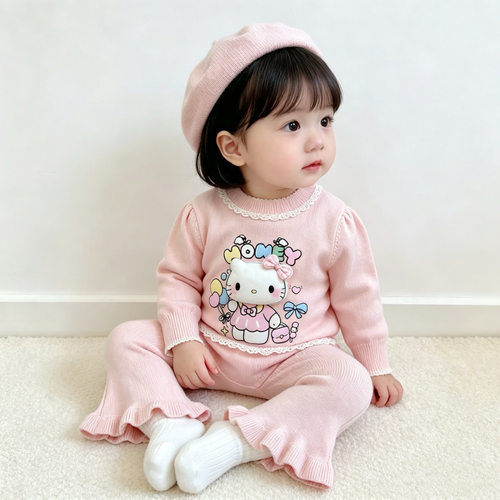 日系带帽子女宝宝衣服秋冬外出服凯蒂猫婴儿三件套小童长袖+长裤