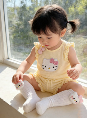 日系女宝宝衣服凯蒂猫婴儿两件套卡通中小童上衣裤子纯色套装可爱