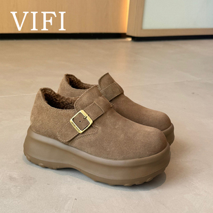 加绒保暖厚底增高勃肯鞋女2025新款冬季百搭松糕复古全包穆勒女鞋