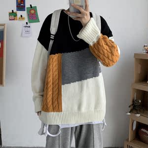 秋冬韩版慵懒风拼接情侣毛衣宽松潮流套头ins个性针织衫T812-P75图片