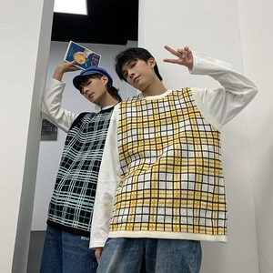 韩版背心男宽松个性格子潮流复古情侣针织马甲毛衣 T016-P55图片