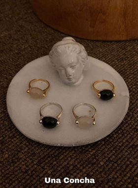 U.CA韩国bornete天然黑玛瑙戒指ins小众复古法式椭圆开口纯银指戒