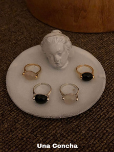 U.CA韩国bornete天然黑玛瑙戒指ins小众复古法式椭圆开口纯银指戒