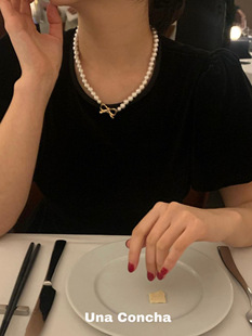 U.CA韩国Numbering珍珠项链女秋冬ins小众款925纯银蝴蝶结毛衣链