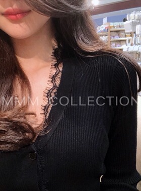 mmm collection 睫毛蕾丝V领针织衫显瘦毛衣女条纹黑色内搭打底衫