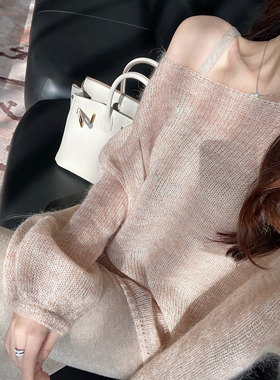 mmm collection 细幼马海毛半透纯欲露肩宽松毛衣一字领针织罩衫