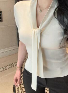 mmm collection 气质系带v领薄款针织上衣女春半袖打底衫内搭优雅