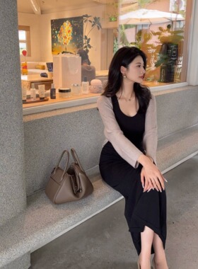 mmm collection 简约黑色薄款针织连衣裙显瘦内搭裙女秋时髦长裙