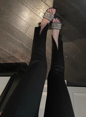 mmm collection 超显瘦前开叉微喇长裤女休闲百搭黑色喇叭裤春夏