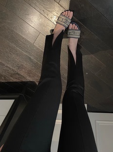 女休闲百搭黑色喇叭裤 超显瘦前开叉微喇长裤 春夏 collection mmm