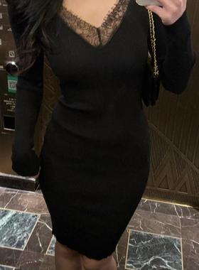 mmm collection 蕾丝领迷人收腰弹力针织连衣裙女显瘦内搭包臀裙