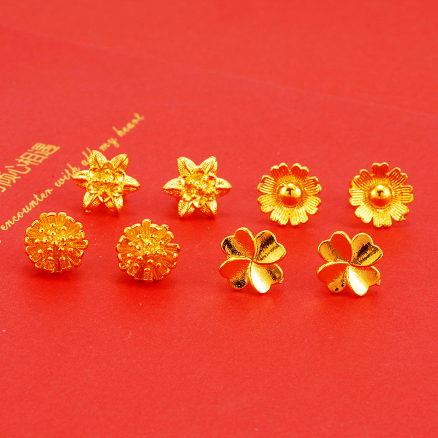 民族风时尚铜镀24k真金花朵耳钉 简约玫瑰花越南沙金耳饰女