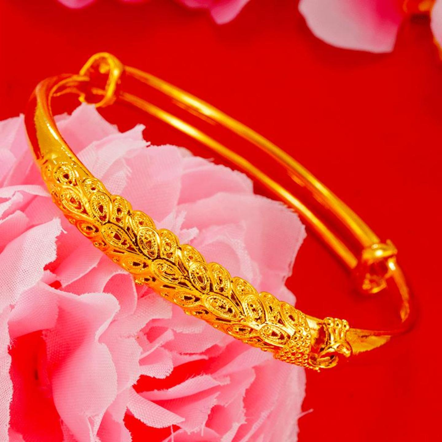 奢华仿24k黄金手镯孔雀网红钛金首饰品 沙金荷花四叶草手环女