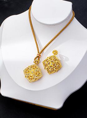 新中式古法四方如意项链女越南沙金宫廷风镶钻平安锁吊坠潮流饰品