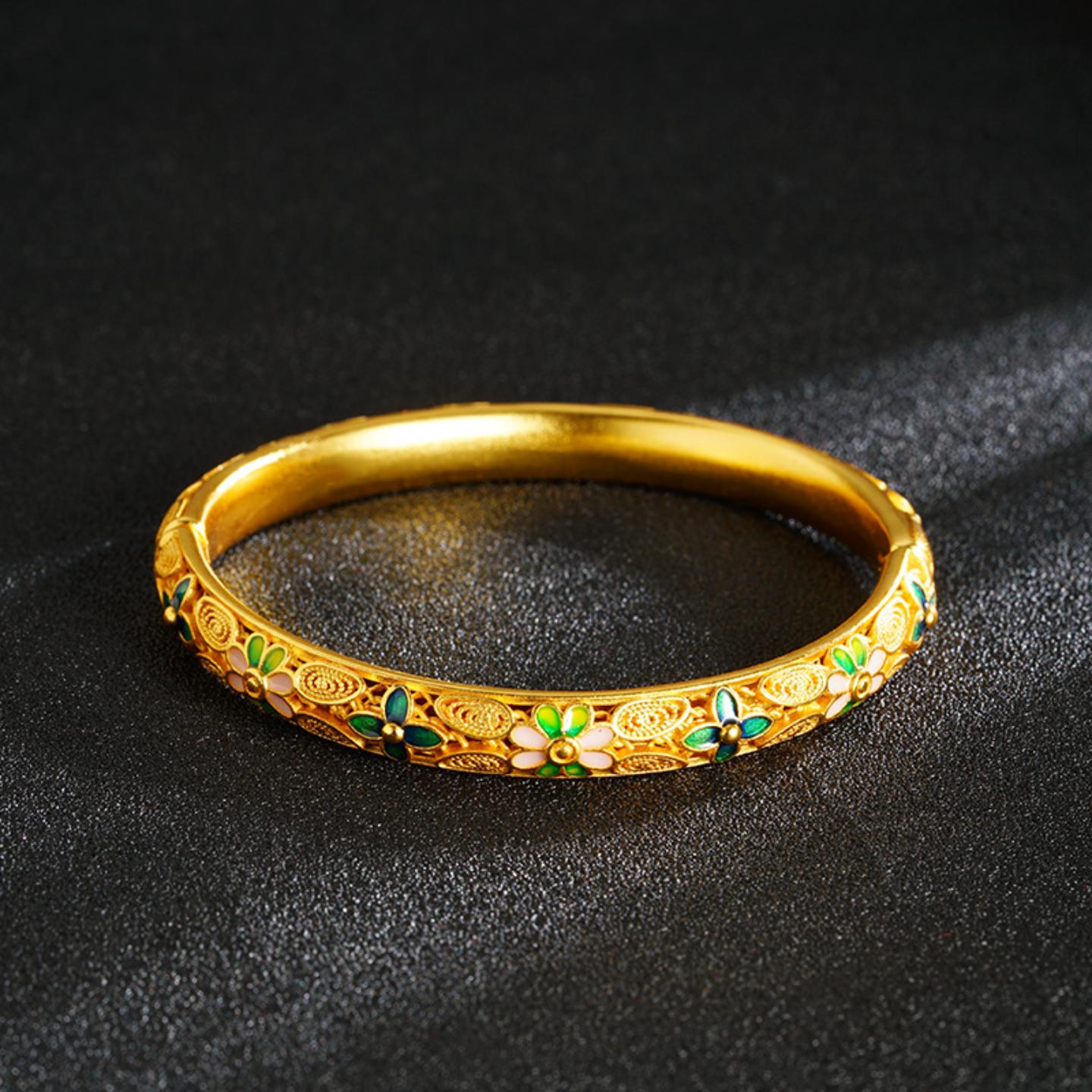 古法沙金久不掉色珐琅彩花朵镂空精致女卡扣手镯宫廷风首饰品