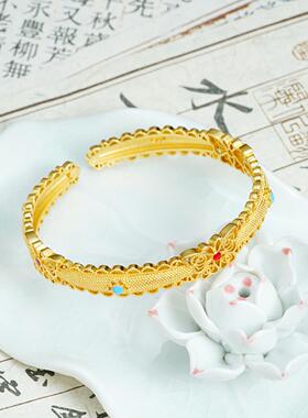 爆款越南沙金手镯复古滴油花丝小开口镯子女宫廷风首饰品
