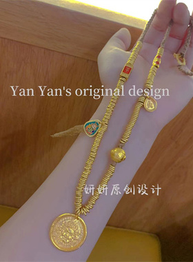 【新款】手工鉴刻黄财神锤纹金圈编织古法沙金配件项链毛衣链女