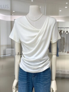 nvse女色温柔米白色chic荡领露肩T恤女短袖小衫夏季修身针织衫