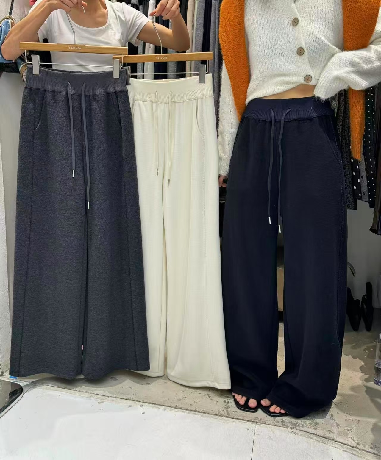 icoco爱可可秋冬新款高腰抽绳弯刀休闲裤加厚阔腿裤百搭拖地裤372