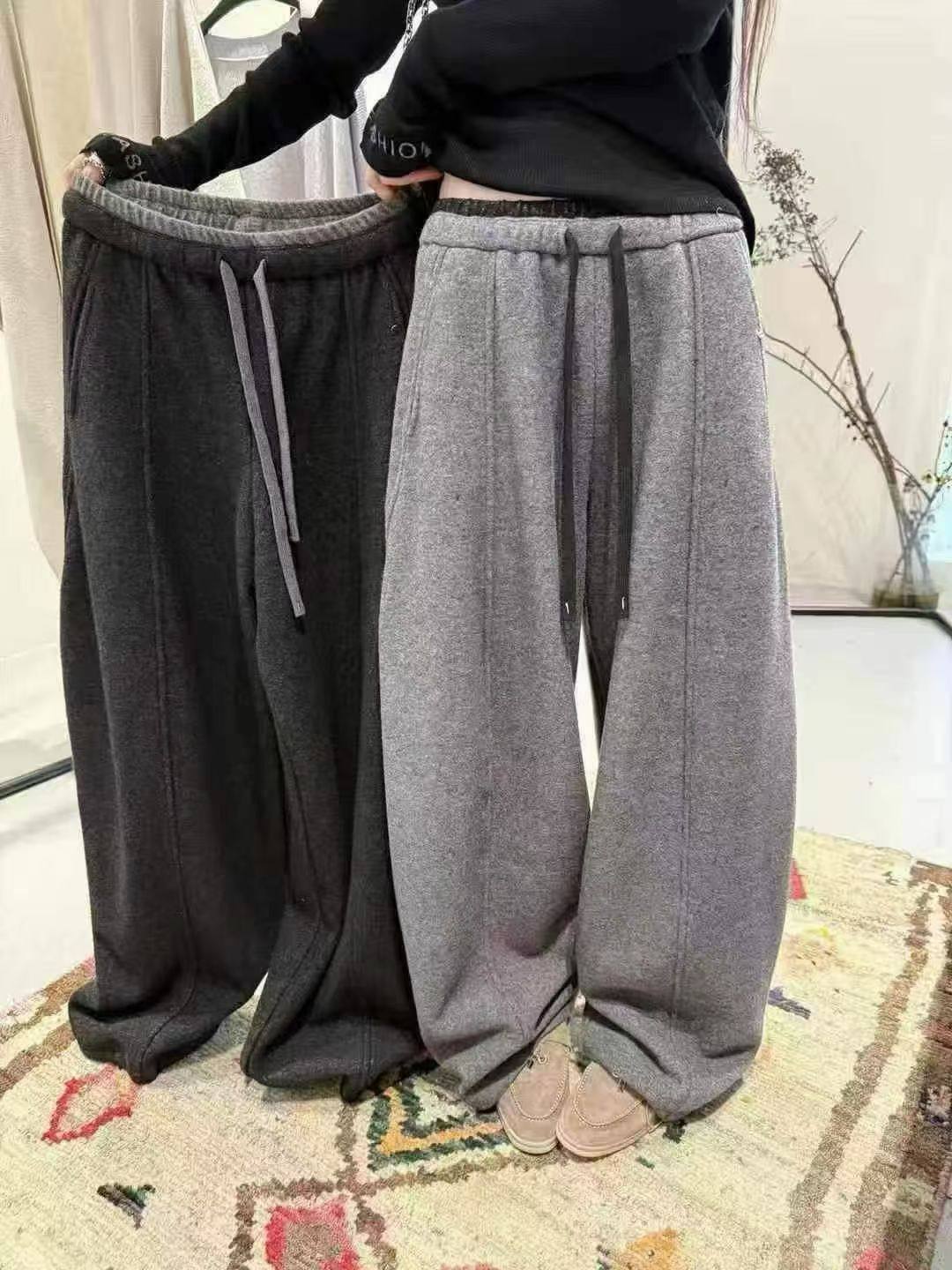 恩米娅77A77撞色抽绳毛呢加绒阔腿裤女冬装新款欧货女装休闲裤潮
