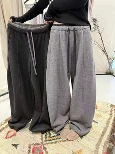休闲裤 恩米娅77A77撞色抽绳毛呢加绒阔腿裤 欧货女装 新款 潮 女冬装