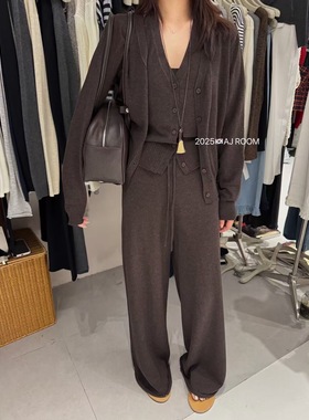 ajroom新款吊带减龄甜美针织套装女休闲开衫+高腰针织长裤三件套