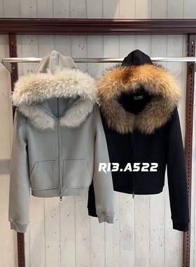 R13十三行冬新款时尚百搭宽松休闲连帽毛领加绒保暖卫衣外套35086