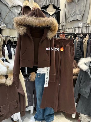 nice乃思儿冬毛领连帽卫衣加绒拉链外套套装时尚休闲裤三件套装女